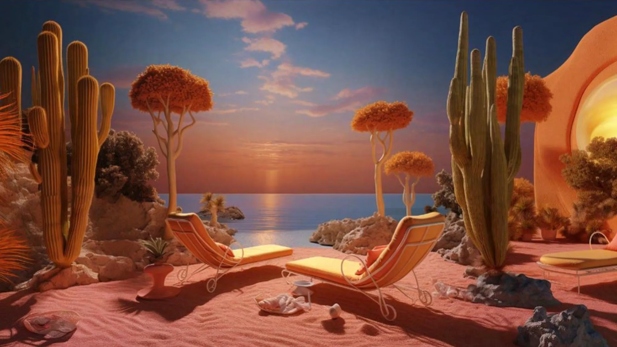 Client concept art: striped loungers on pink sand between tall cacti and orange-canopied trees, the sea at sunset beyond.