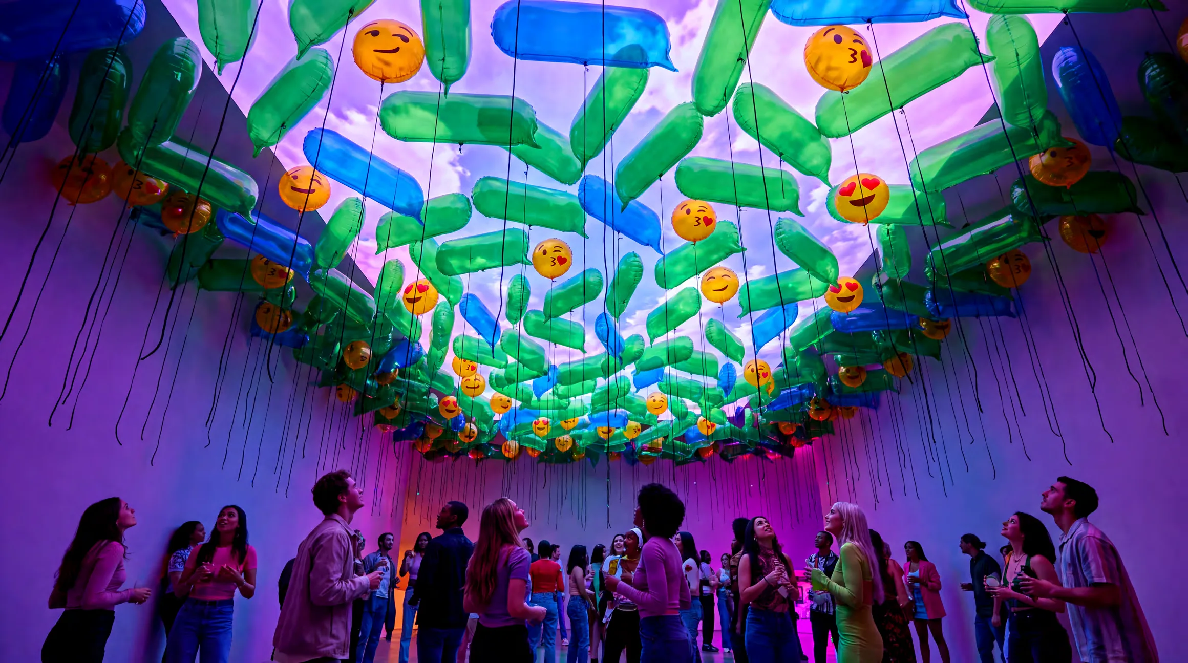 Client concept art: a canopy of green message-bubble balloons and emoji balloons on long strings hangs over a crowd in a violet-lit gallery.